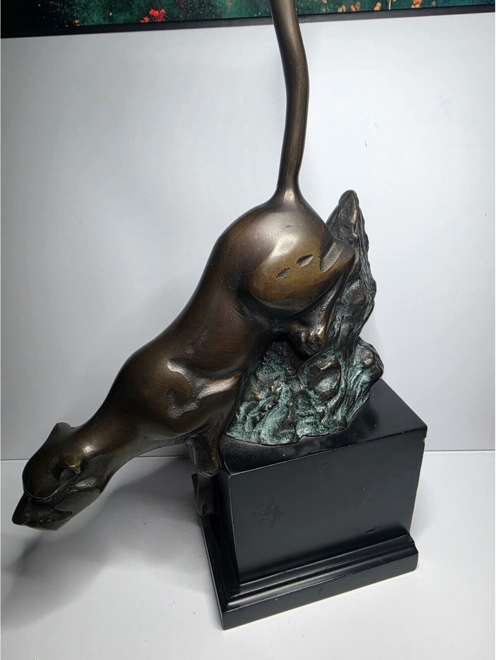 Art Deco Bronze Panther Rock Sculpture Big Cat Statue on Base Leopard Cheetah